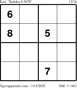 The grouppuzzles.com Easy Sudoku-4-5678 puzzle for Wednesday January 15, 2025