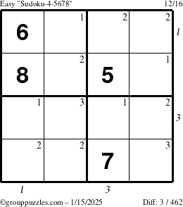 The grouppuzzles.com Easy Sudoku-4-5678 puzzle for Wednesday January 15, 2025, suitable for printing, with all 3 steps marked