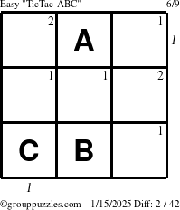 The grouppuzzles.com Easy TicTac-ABC puzzle for Wednesday January 15, 2025, suitable for printing, with all 2 steps marked