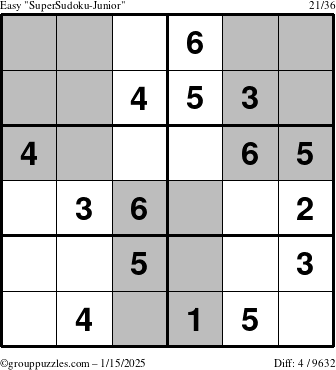 The grouppuzzles.com Easy SuperSudoku-Junior puzzle for Wednesday January 15, 2025