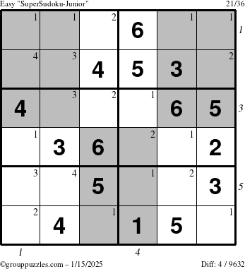 The grouppuzzles.com Easy SuperSudoku-Junior puzzle for Wednesday January 15, 2025 with all 4 steps marked