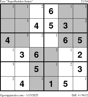 The grouppuzzles.com Easy SuperSudoku-Junior puzzle for Wednesday January 15, 2025 with the first 3 steps marked