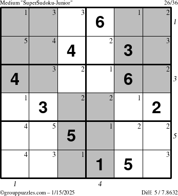 The grouppuzzles.com Medium SuperSudoku-Junior puzzle for Wednesday January 15, 2025, suitable for printing, with all 5 steps marked