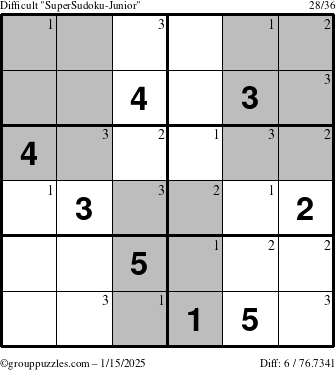 The grouppuzzles.com Difficult SuperSudoku-Junior puzzle for Wednesday January 15, 2025 with the first 3 steps marked