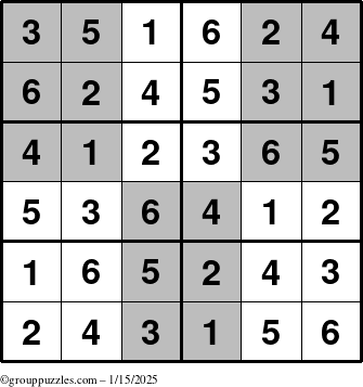 The grouppuzzles.com Answer grid for the SuperSudoku-Junior puzzle for Wednesday January 15, 2025