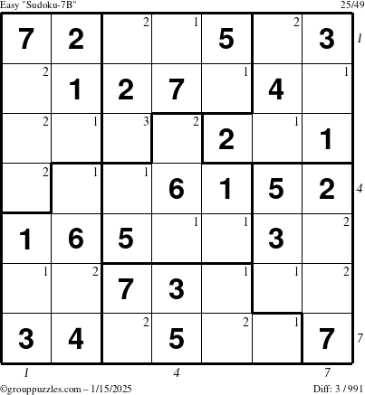 The grouppuzzles.com Easy Sudoku-7B puzzle for Wednesday January 15, 2025 with all 3 steps marked