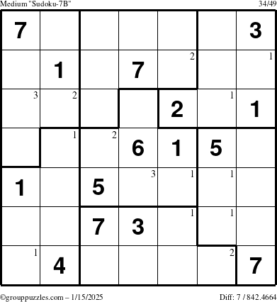 The grouppuzzles.com Medium Sudoku-7B puzzle for Wednesday January 15, 2025 with the first 3 steps marked