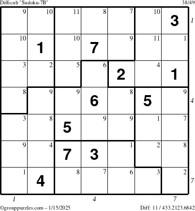 The grouppuzzles.com Difficult Sudoku-7B puzzle for Wednesday January 15, 2025 with all 11 steps marked