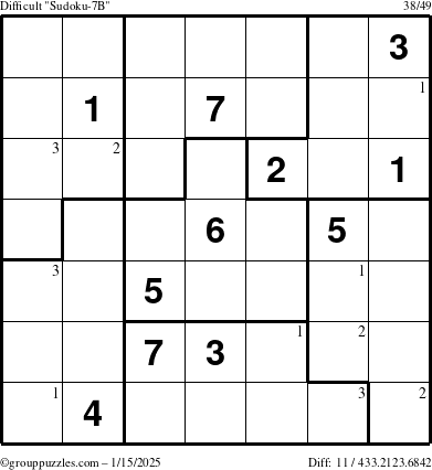 The grouppuzzles.com Difficult Sudoku-7B puzzle for Wednesday January 15, 2025 with the first 3 steps marked