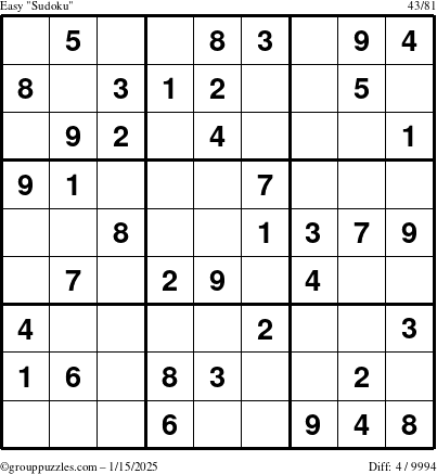 The grouppuzzles.com Easy Sudoku puzzle for Wednesday January 15, 2025