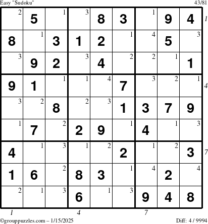 The grouppuzzles.com Easy Sudoku puzzle for Wednesday January 15, 2025 with all 4 steps marked