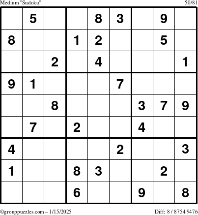 The grouppuzzles.com Medium Sudoku puzzle for Wednesday January 15, 2025