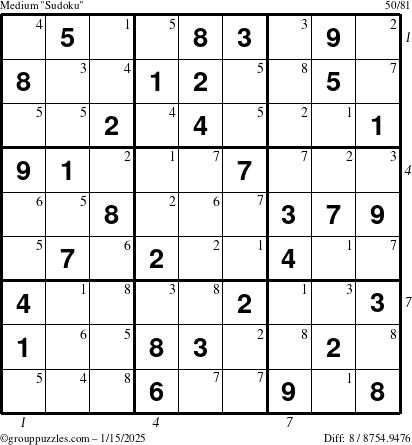 The grouppuzzles.com Medium Sudoku puzzle for Wednesday January 15, 2025 with all 8 steps marked