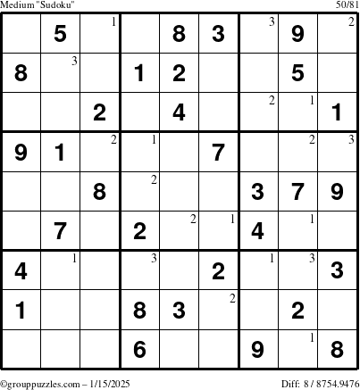 The grouppuzzles.com Medium Sudoku puzzle for Wednesday January 15, 2025 with the first 3 steps marked