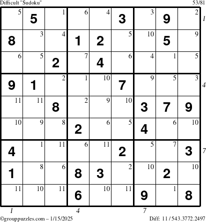 The grouppuzzles.com Difficult Sudoku puzzle for Wednesday January 15, 2025 with all 11 steps marked