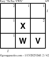 The grouppuzzles.com Easy TicTac-VWX puzzle for Wednesday January 15, 2025 with all 2 steps marked