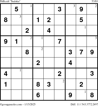 The grouppuzzles.com Difficult Sudoku puzzle for Wednesday January 15, 2025 with the first 3 steps marked