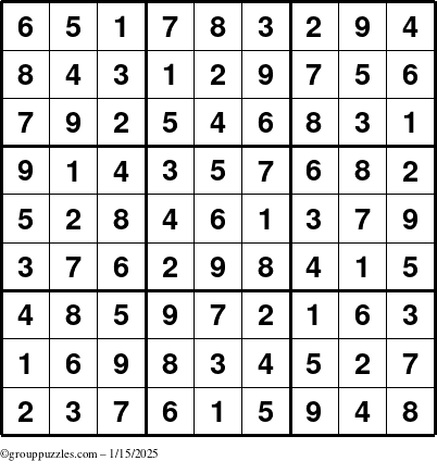 The grouppuzzles.com Answer grid for the Sudoku puzzle for Wednesday January 15, 2025