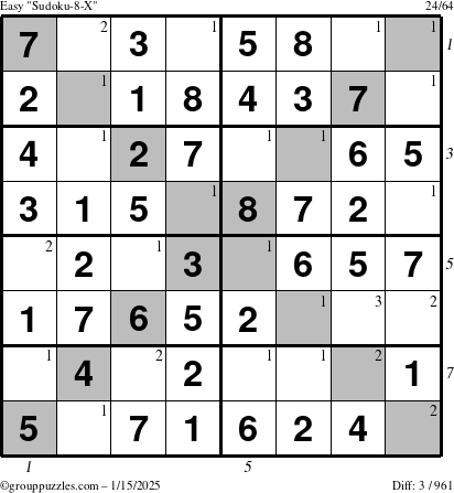 The grouppuzzles.com Easy Sudoku-8-X puzzle for Wednesday January 15, 2025 with all 3 steps marked