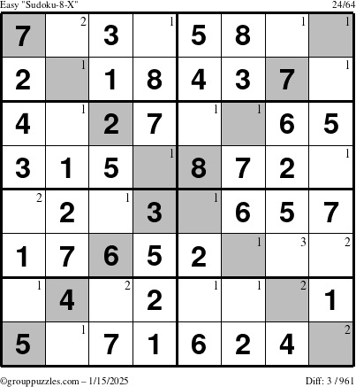 The grouppuzzles.com Easy Sudoku-8-X puzzle for Wednesday January 15, 2025 with the first 3 steps marked