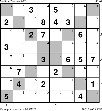 The grouppuzzles.com Medium Sudoku-8-X puzzle for Wednesday January 15, 2025 with all 7 steps marked