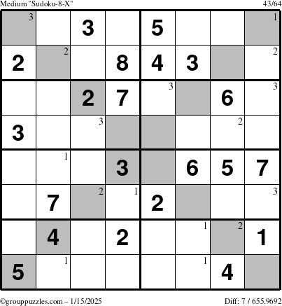 The grouppuzzles.com Medium Sudoku-8-X puzzle for Wednesday January 15, 2025 with the first 3 steps marked