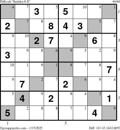 The grouppuzzles.com Difficult Sudoku-8-X puzzle for Wednesday January 15, 2025, suitable for printing, with all 10 steps marked