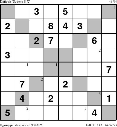 The grouppuzzles.com Difficult Sudoku-8-X puzzle for Wednesday January 15, 2025 with the first 3 steps marked