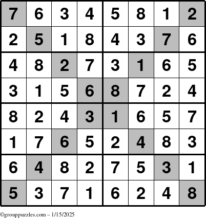 The grouppuzzles.com Answer grid for the Sudoku-8-X puzzle for Wednesday January 15, 2025