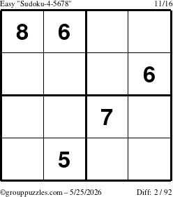 The grouppuzzles.com Easy Sudoku-4-5678 puzzle for Monday May 25, 2026