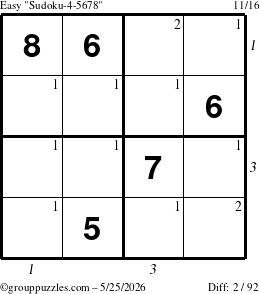 The grouppuzzles.com Easy Sudoku-4-5678 puzzle for Monday May 25, 2026 with all 2 steps marked