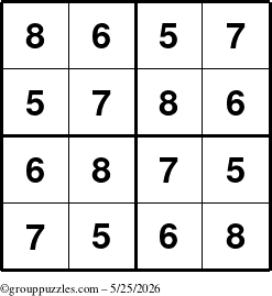 The grouppuzzles.com Answer grid for the Sudoku-4-5678 puzzle for Monday May 25, 2026