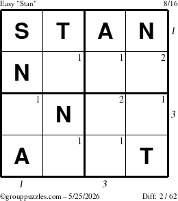 The grouppuzzles.com Easy Stan puzzle for Monday May 25, 2026, suitable for printing, with all 2 steps marked