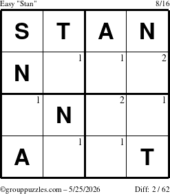 The grouppuzzles.com Easy Stan puzzle for Monday May 25, 2026 with the first 2 steps marked