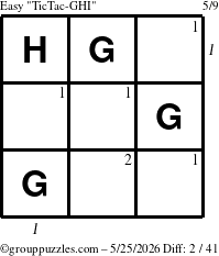 The grouppuzzles.com Easy TicTac-GHI puzzle for Monday May 25, 2026 with all 2 steps marked