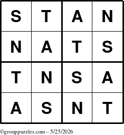 The grouppuzzles.com Answer grid for the Stan puzzle for Monday May 25, 2026