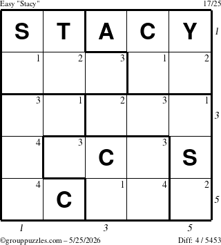 The grouppuzzles.com Easy Stacy puzzle for Monday May 25, 2026 with all 4 steps marked
