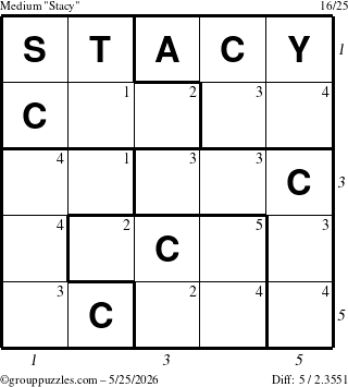 The grouppuzzles.com Medium Stacy puzzle for Monday May 25, 2026, suitable for printing, with all 5 steps marked