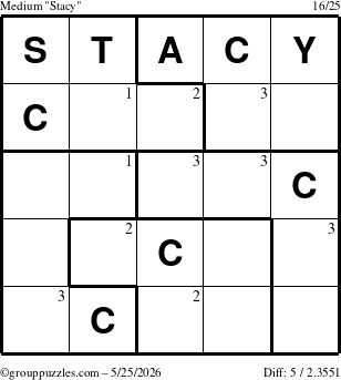 The grouppuzzles.com Medium Stacy puzzle for Monday May 25, 2026 with the first 3 steps marked