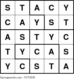 The grouppuzzles.com Answer grid for the Stacy puzzle for Monday May 25, 2026