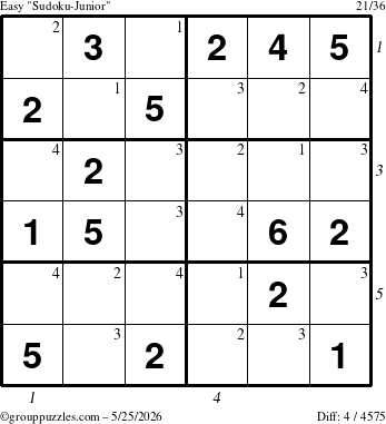 The grouppuzzles.com Easy Sudoku-Junior puzzle for Monday May 25, 2026, suitable for printing, with all 4 steps marked
