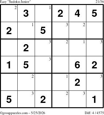 The grouppuzzles.com Easy Sudoku-Junior puzzle for Monday May 25, 2026 with the first 3 steps marked