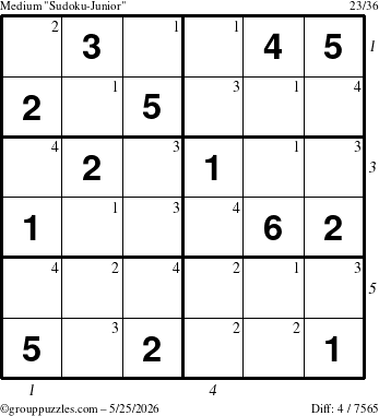 The grouppuzzles.com Medium Sudoku-Junior puzzle for Monday May 25, 2026 with all 4 steps marked