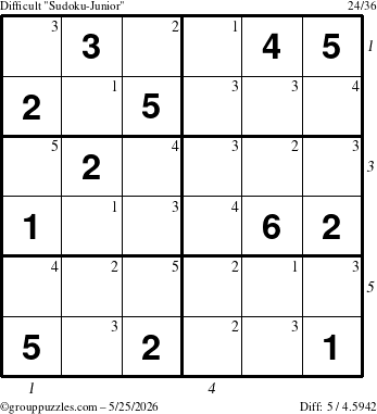 The grouppuzzles.com Difficult Sudoku-Junior puzzle for Monday May 25, 2026, suitable for printing, with all 5 steps marked