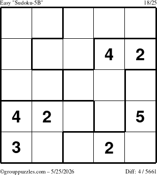 The grouppuzzles.com Easy Sudoku-5B puzzle for Monday May 25, 2026