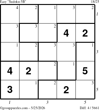 The grouppuzzles.com Easy Sudoku-5B puzzle for Monday May 25, 2026 with all 4 steps marked