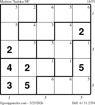 The grouppuzzles.com Medium Sudoku-5B puzzle for Monday May 25, 2026 with all 6 steps marked