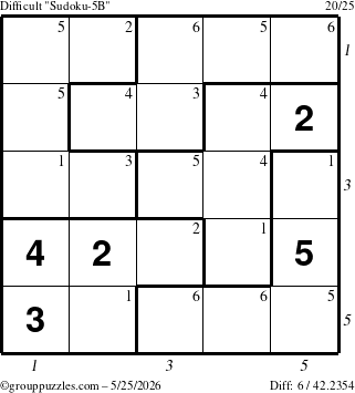 The grouppuzzles.com Difficult Sudoku-5B puzzle for Monday May 25, 2026, suitable for printing, with all 6 steps marked