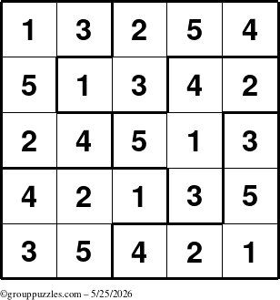 The grouppuzzles.com Answer grid for the Sudoku-5B puzzle for Monday May 25, 2026