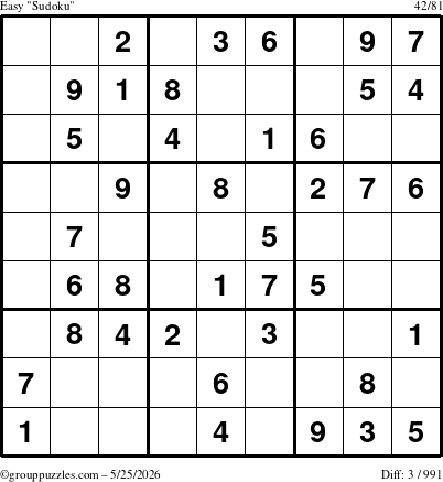 The grouppuzzles.com Easy Sudoku puzzle for Monday May 25, 2026